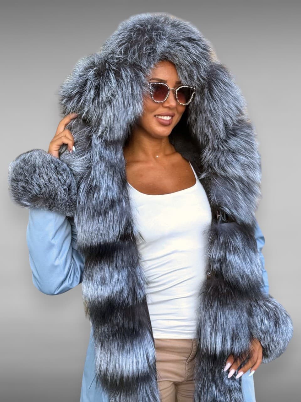 Парка голубая с мехом чернобурки 95 см — фото 14